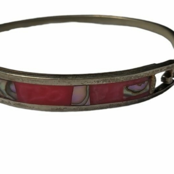 Vintage pink abalone stones bracelet 925 mexican silver bangle - Picture 4 of 4